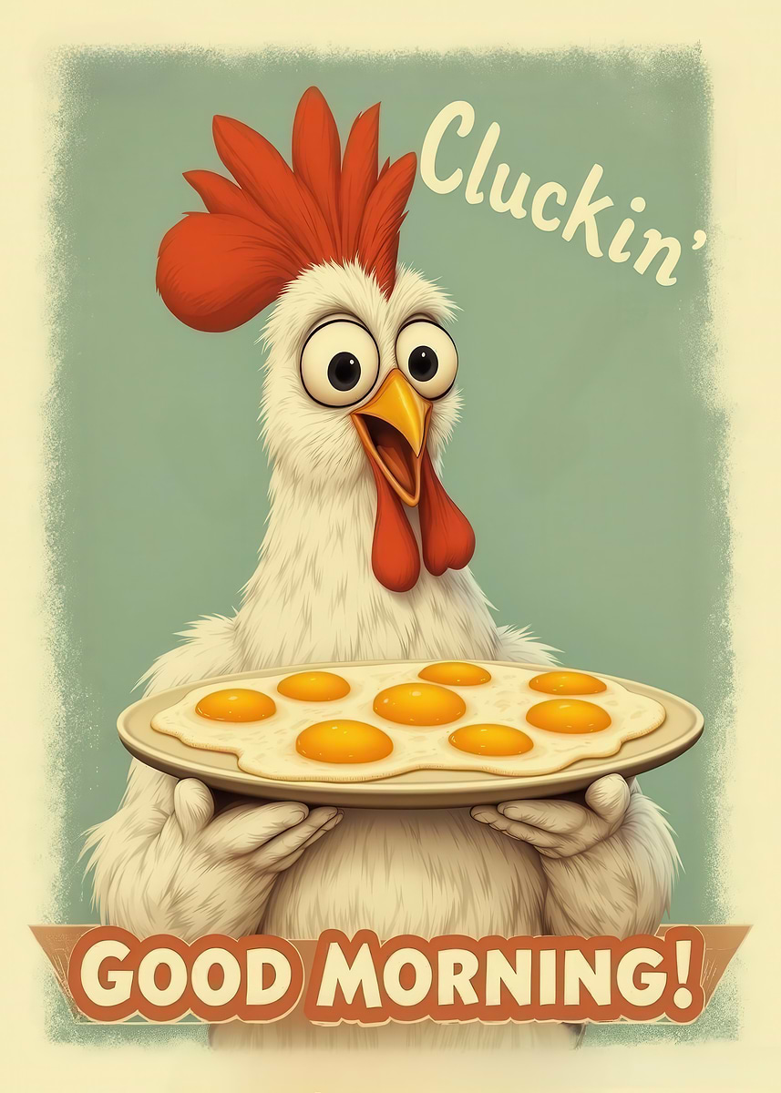'Cartoon Chicken with Eggs Good Morning' Poster, picture, metal
