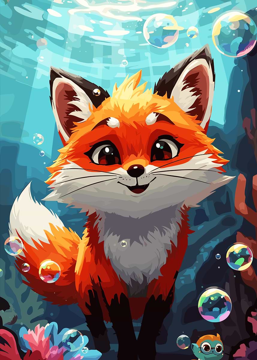 'Cartoon Fox Underwater with Bubbles' Poster, picture, metal print ...