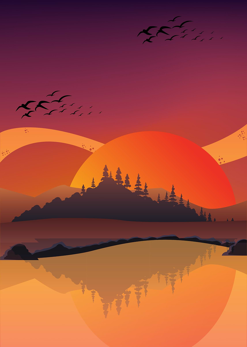 Sunset Landscape with Birds' Poster, picture, metal print, paint