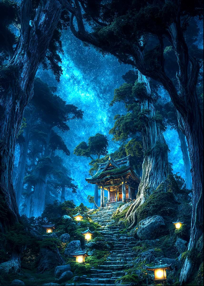 Path of Lanterns and Stars — from the Soul Of Japan collection, a Pixaverse metal print