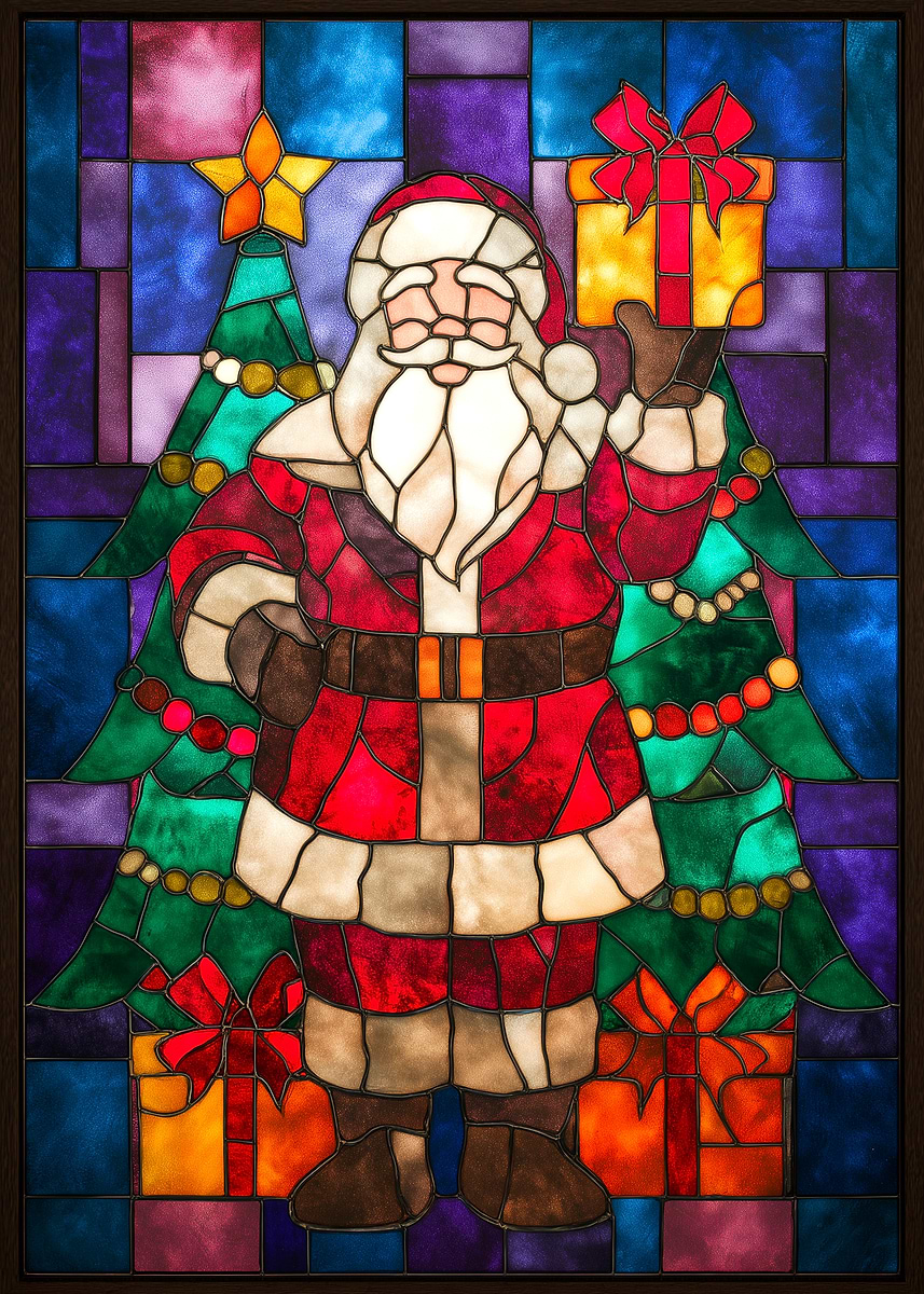 Stained Glass Santa Claus with Christmas Tree' Poster, picture