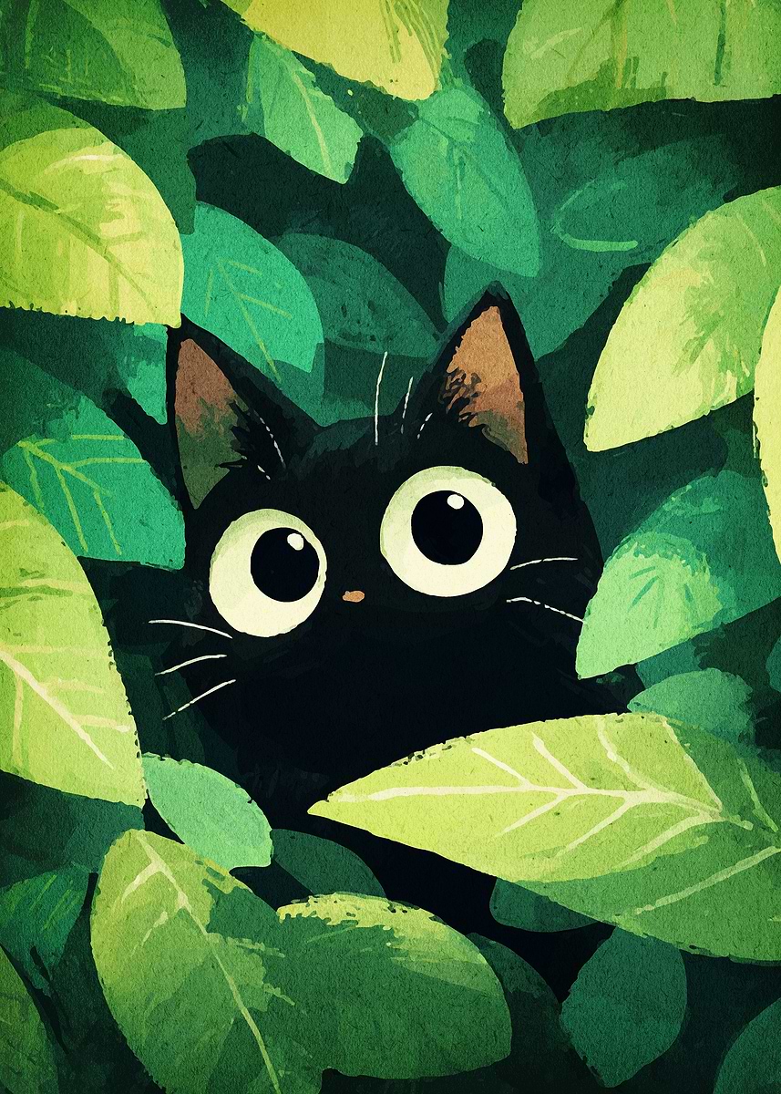 * vintage cat ❀ グリーンの瞳 小さな くろ猫ちゃん Black Cat in Green Leaves' Poster, picture, metal print, paint by