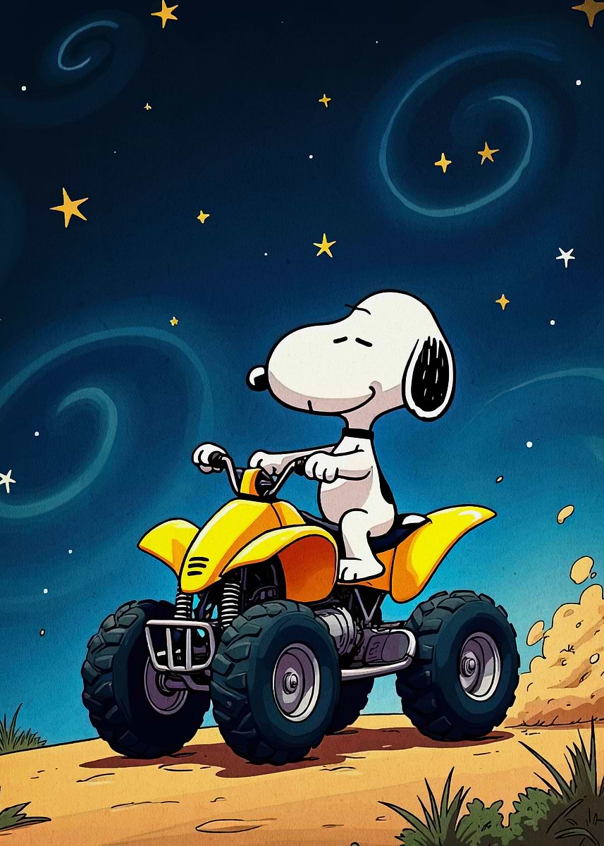 Snoopy on ATV under starry sky' Poster, picture, metal print