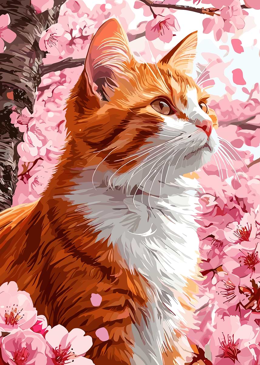 Fanth 'Orange Cat with Cherry Blossoms' Poster, picture, metal print, paint ...
