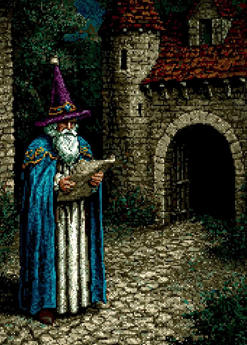 Pixel Art Wizard at Castle Entrance' Poster, picture, metal print