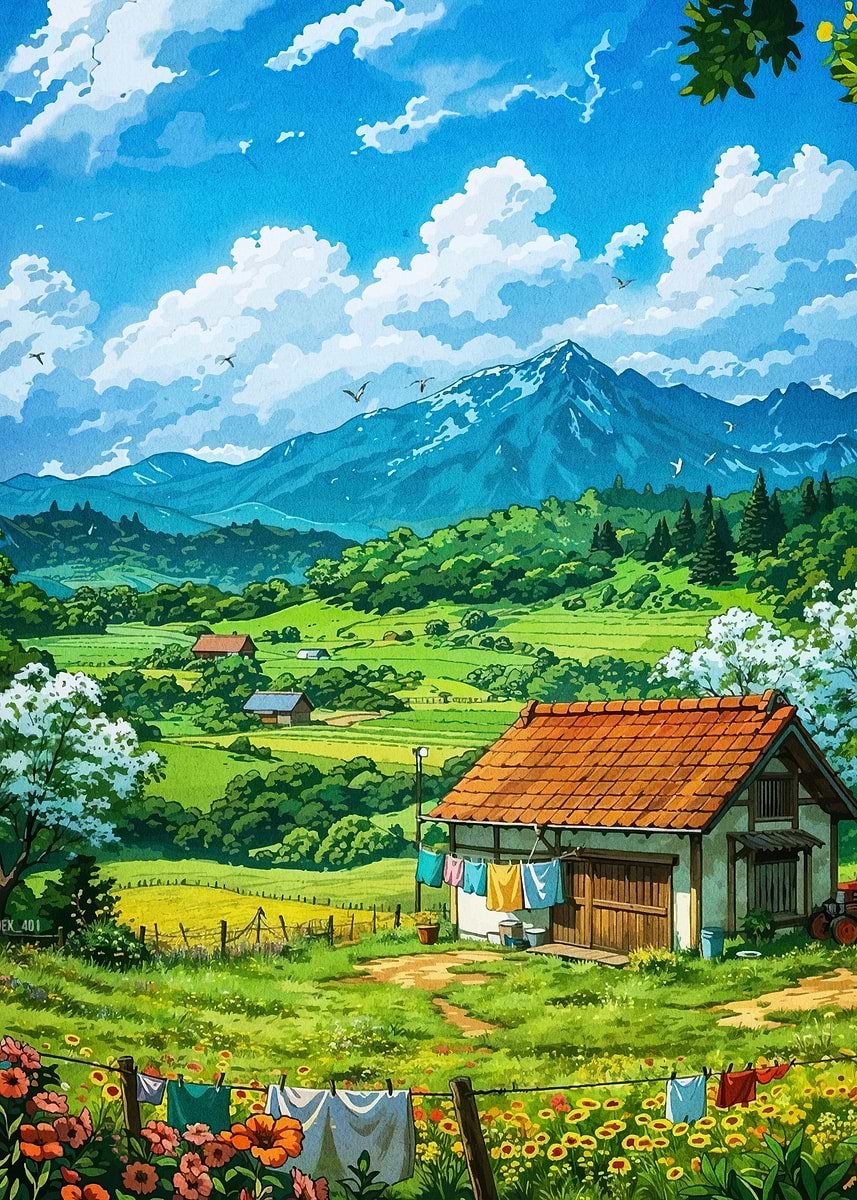 'Anime Style Rural Landscape' Poster, picture, metal print, paint by ...