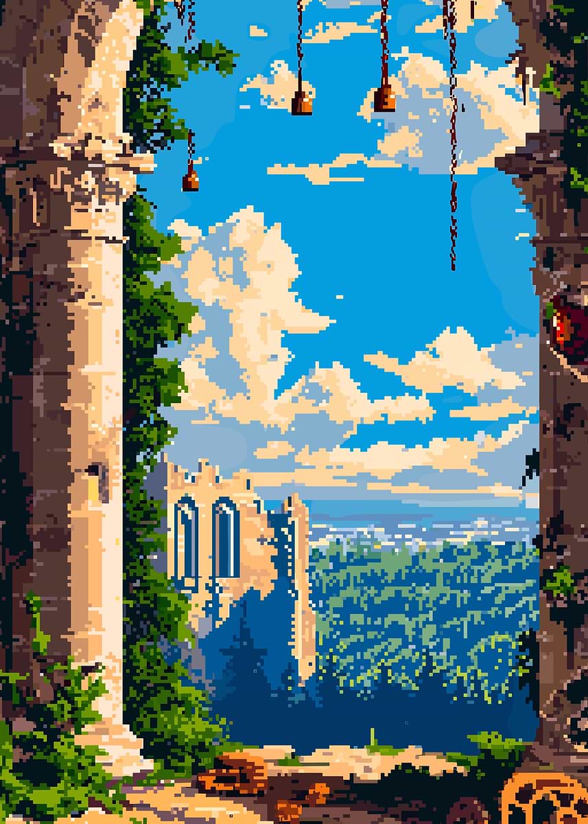 Pixel Art Castle View Through Archway Poster, Picture & Metal