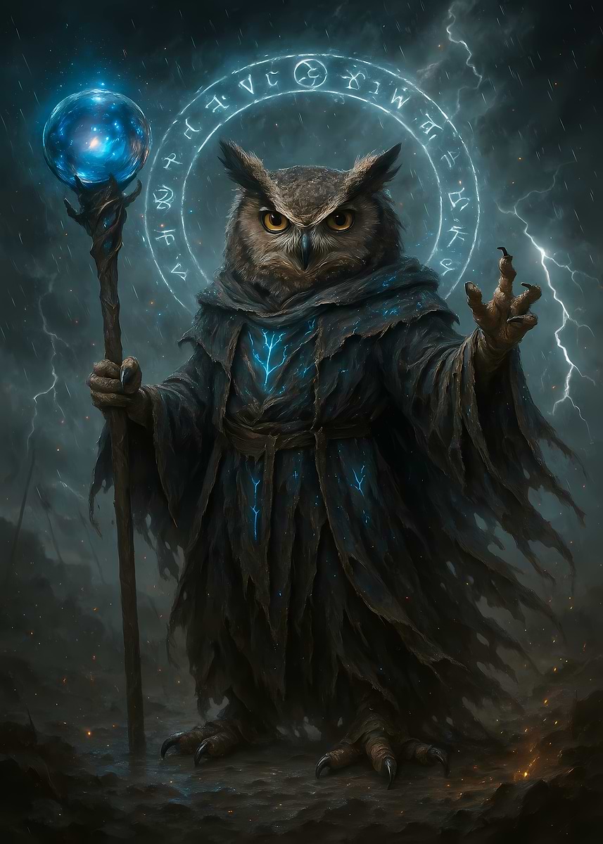 'Owl Wizard with Magic Staff' Poster, picture, metal print, paint by ...