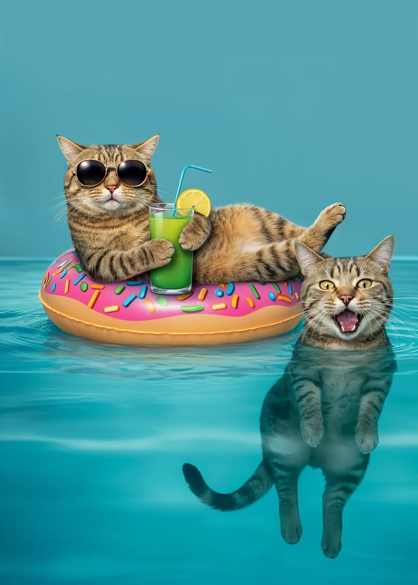 'Cats Relaxing in Water with Donut Float' Poster, picture, metal print ...