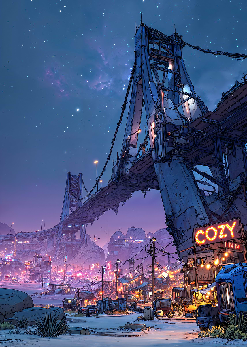 The Shattered Crossing — from the Wasteland Frontiers collection, a Pixaverse metal print