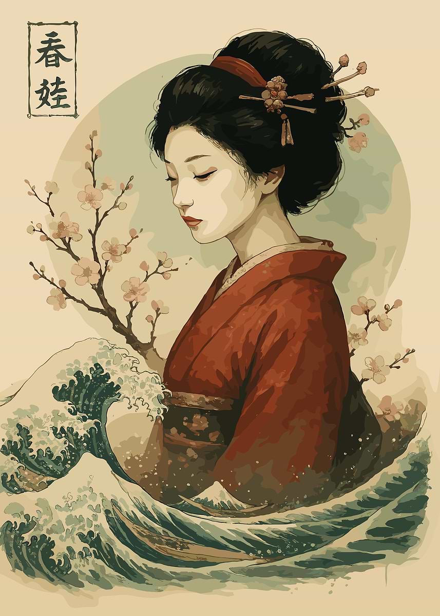 Geisha with Cherry Blossoms and Wave' Poster, picture, metal print