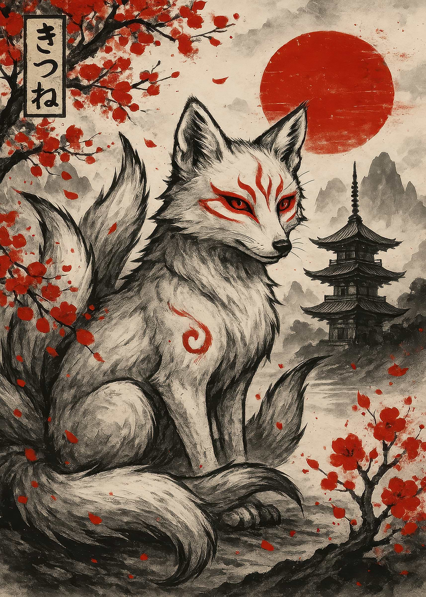 Nine-tailed Fox with Japanese Landscape' Poster, picture, metal