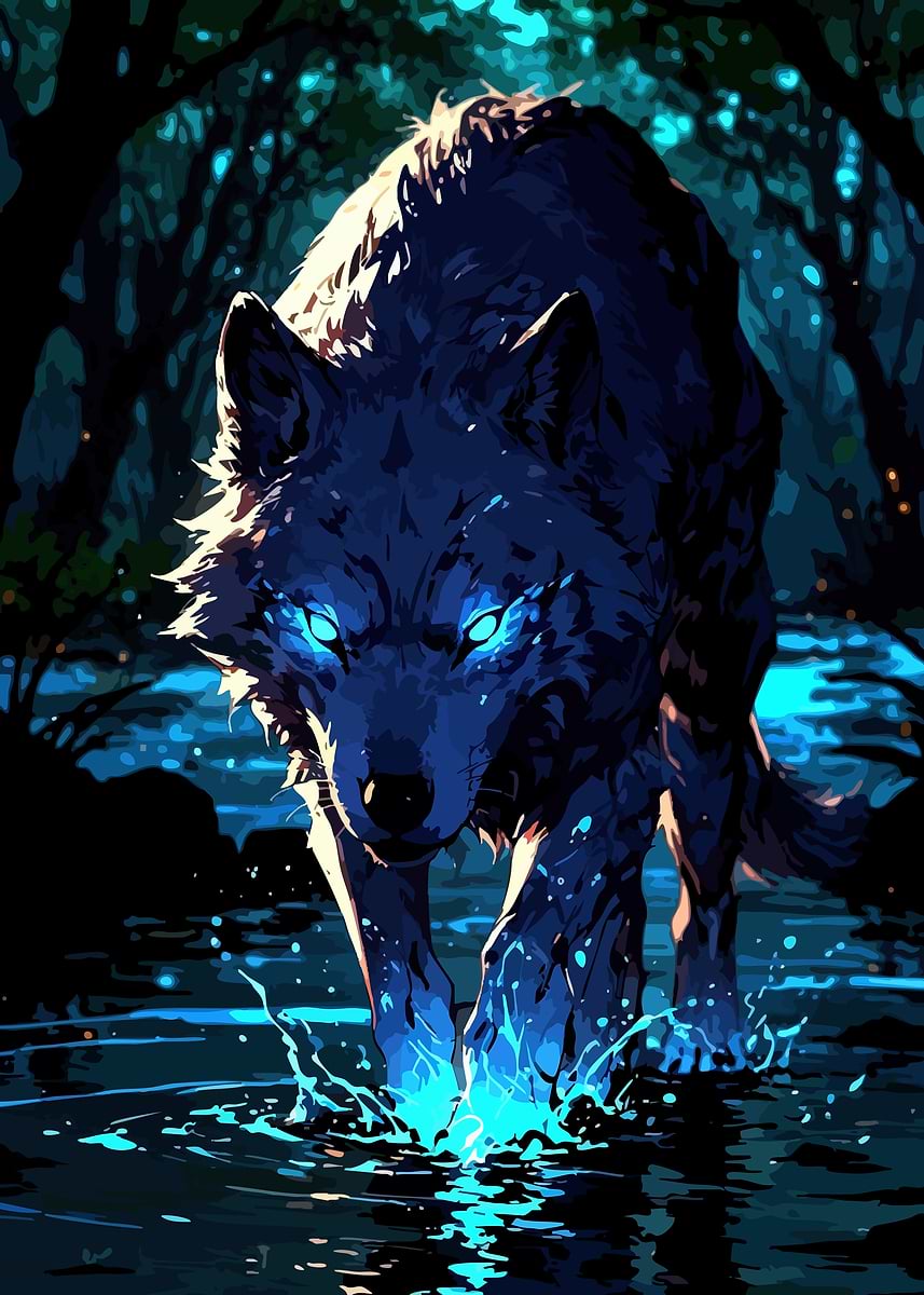Blue Wolf in Forest Stream' Poster, picture, metal print, paint by