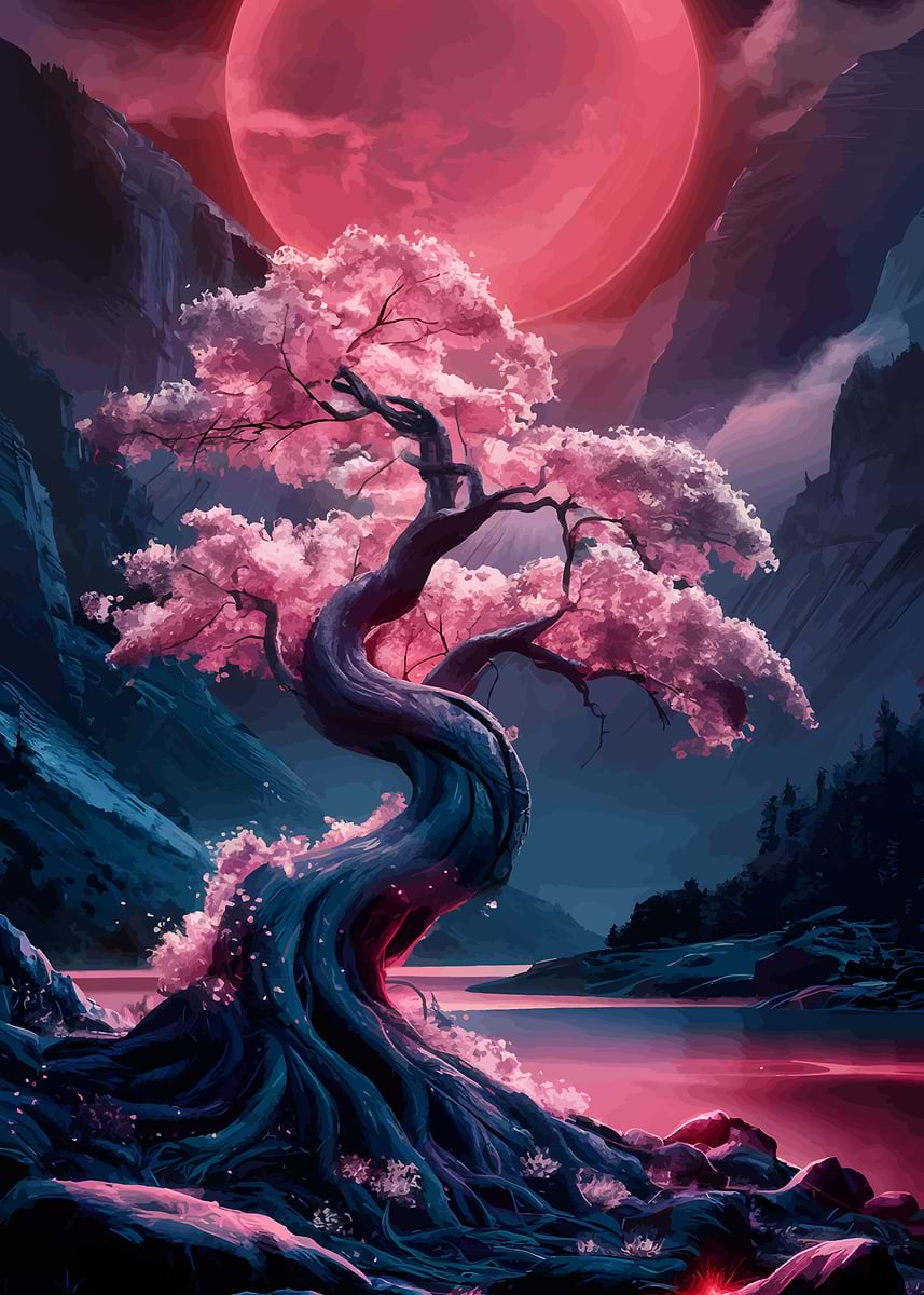 'Pink Cherry Blossom Tree Under Red Moon' Poster, picture, metal print ...