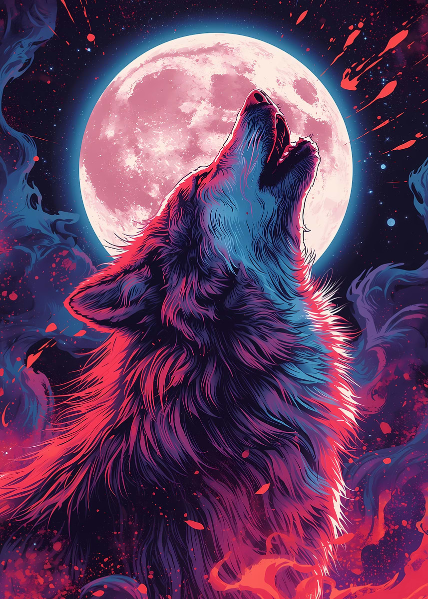 Howling Wolf Under Pink Moon Art' Poster, picture, metal print