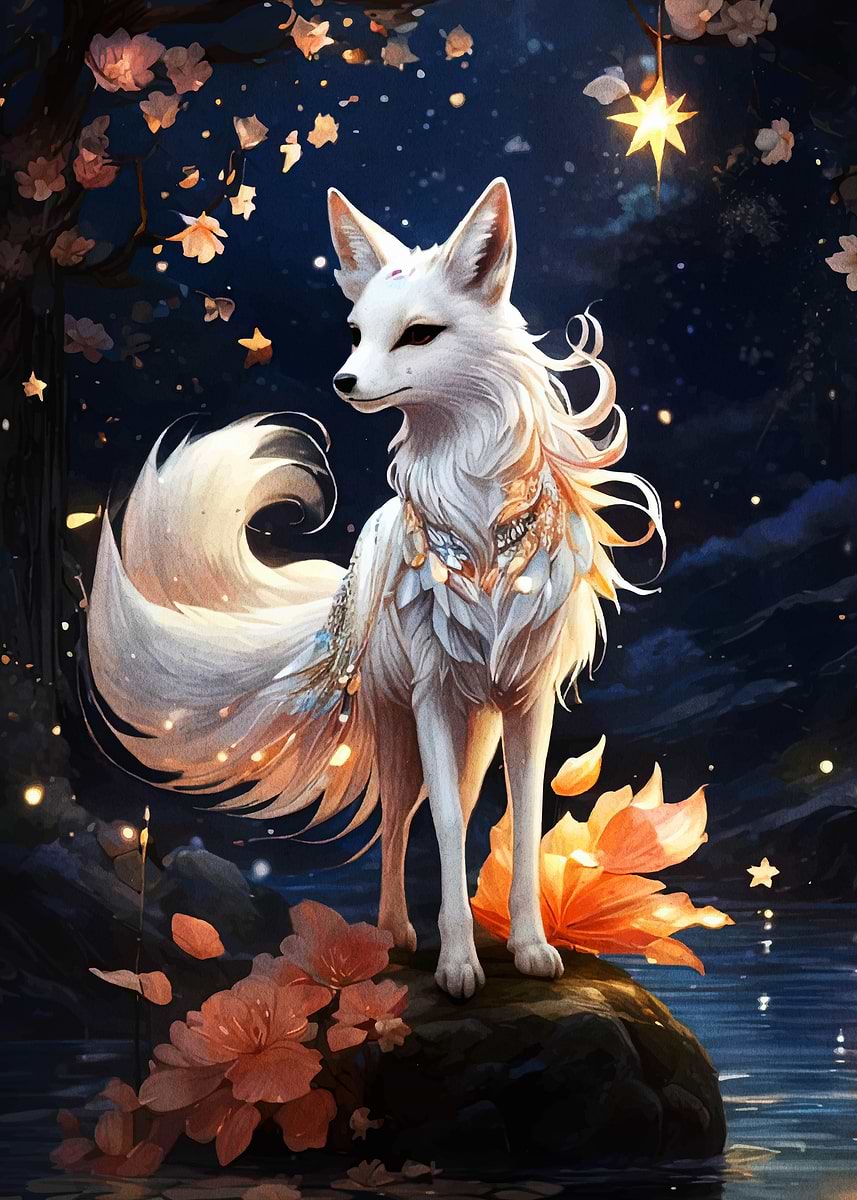 Elegant White Fox in Enchanted Setting' Poster, picture, metal