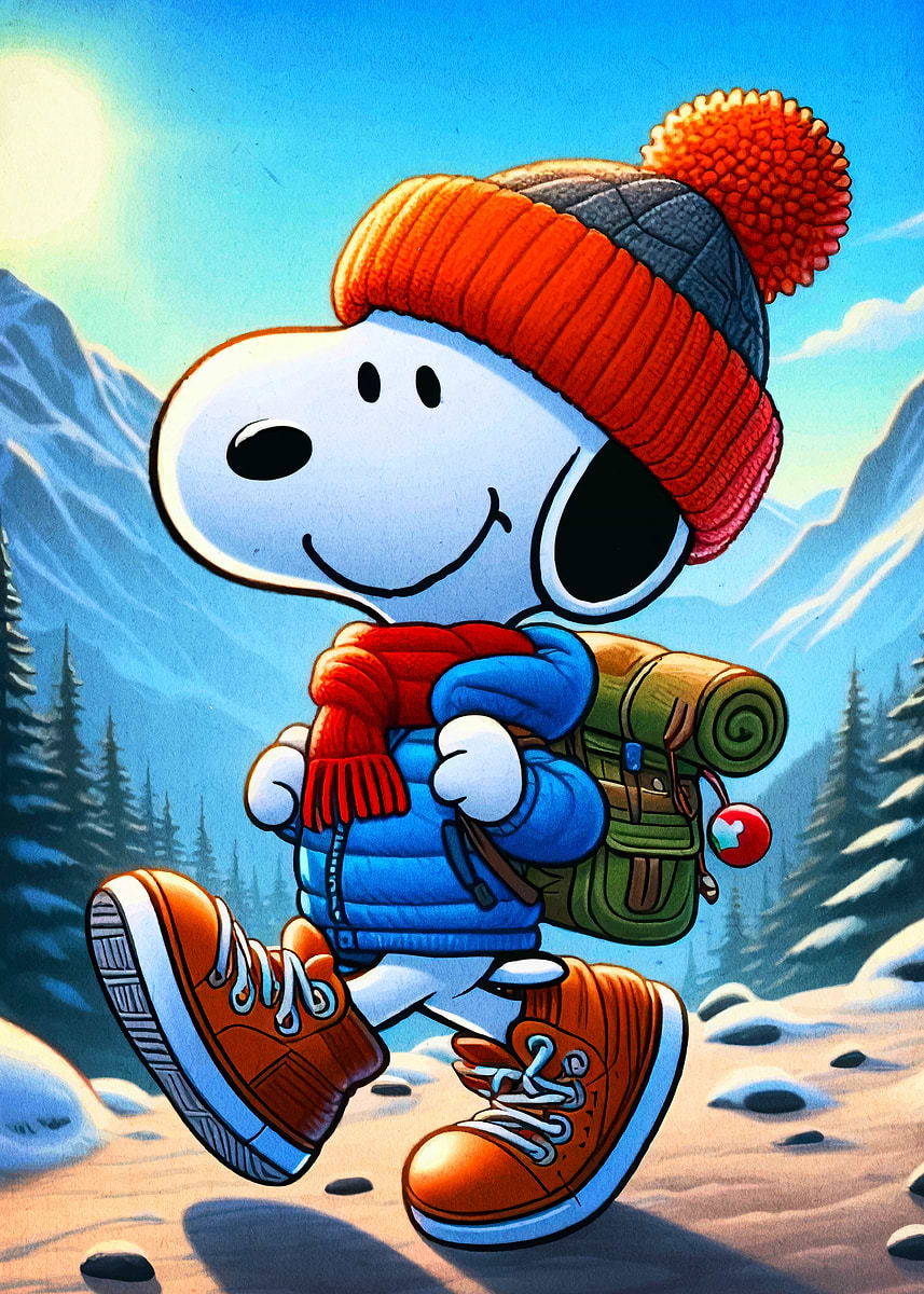 Snoopy Hiking in Winter Landscape' Poster, picture, metal print
