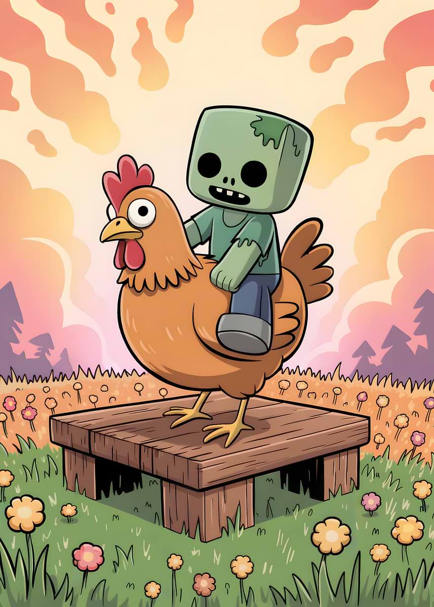 Minecraft Zombie Riding a Chicken' Poster, picture, metal print