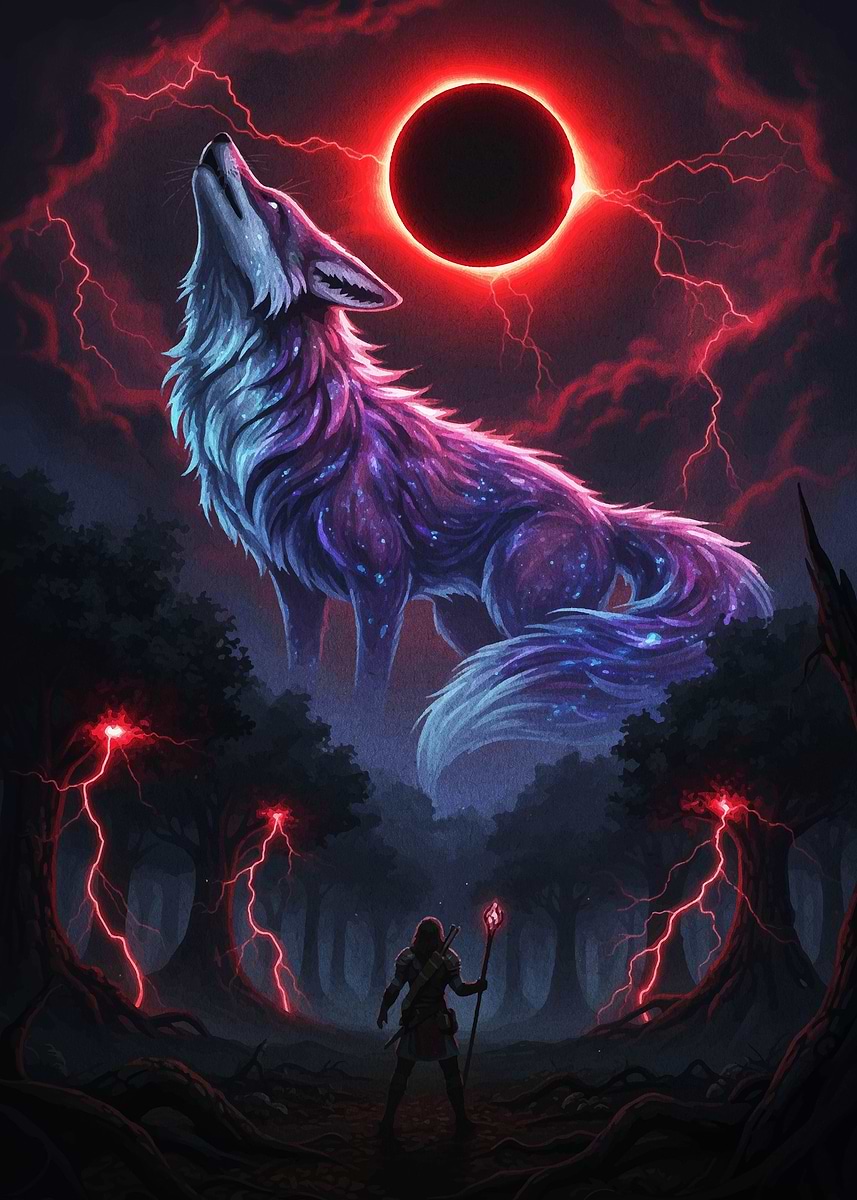 'Mystical Wolf Howling at Eclipse' Poster, picture, metal print, paint ...
