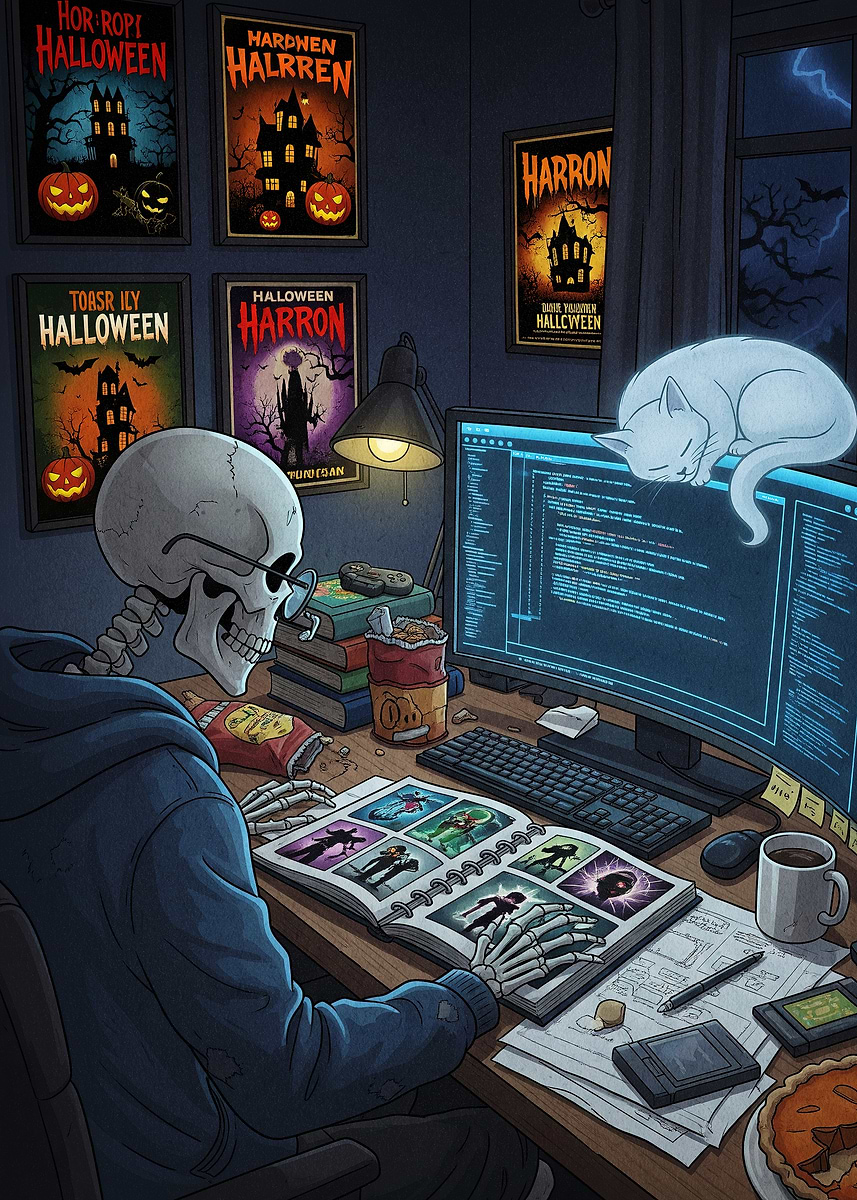 'Skeleton Programmer with Cat and Halloween Posters' Poster, picture ...