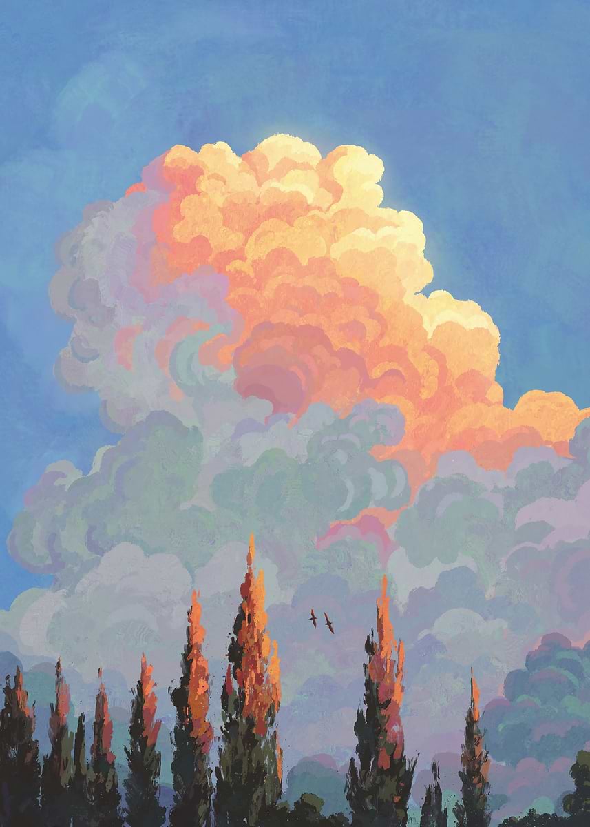 'Painted Sky with Trees and Clouds' Poster, picture, metal print, paint ...