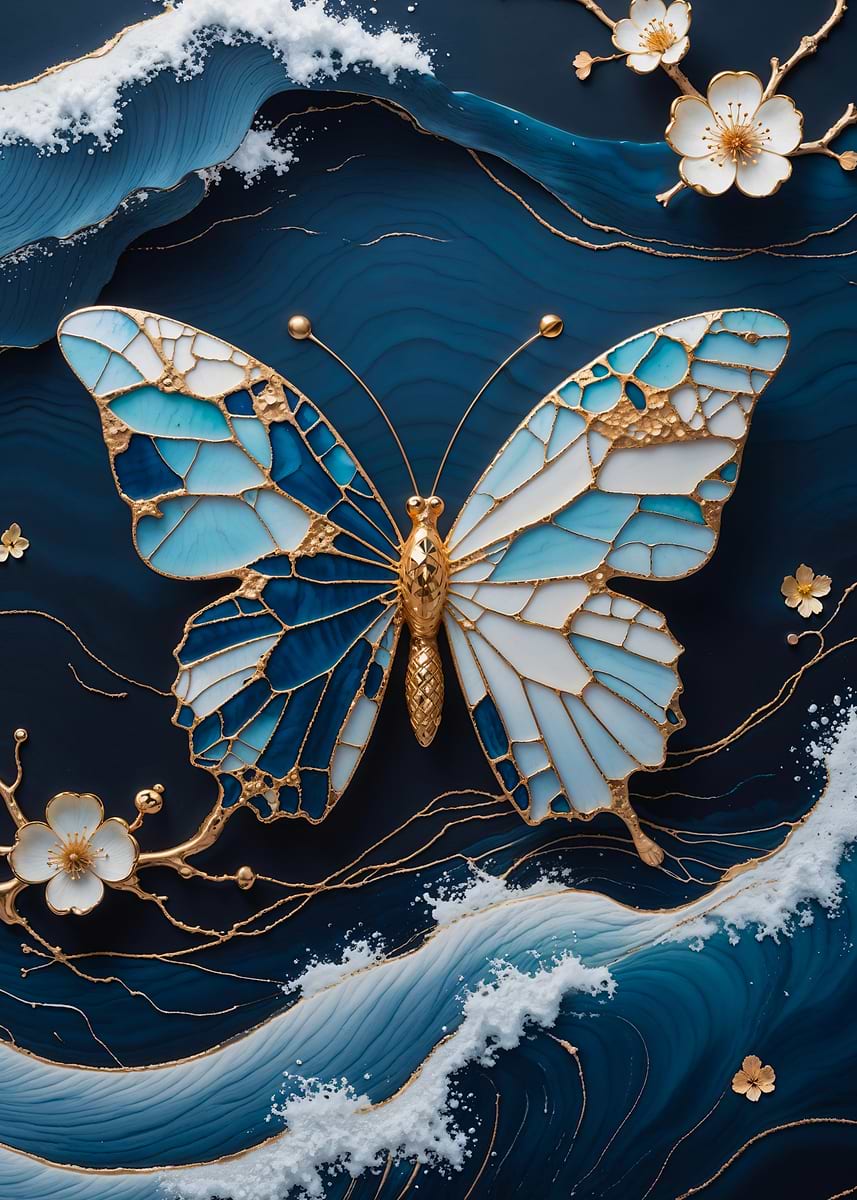 'Blue Butterfly Kintsugi Art' Poster, picture, metal print, paint by ...