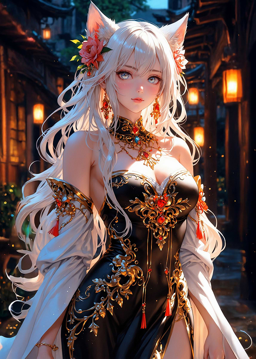 Anime Girl with Fox Ears' Poster, picture, metal print, paint by