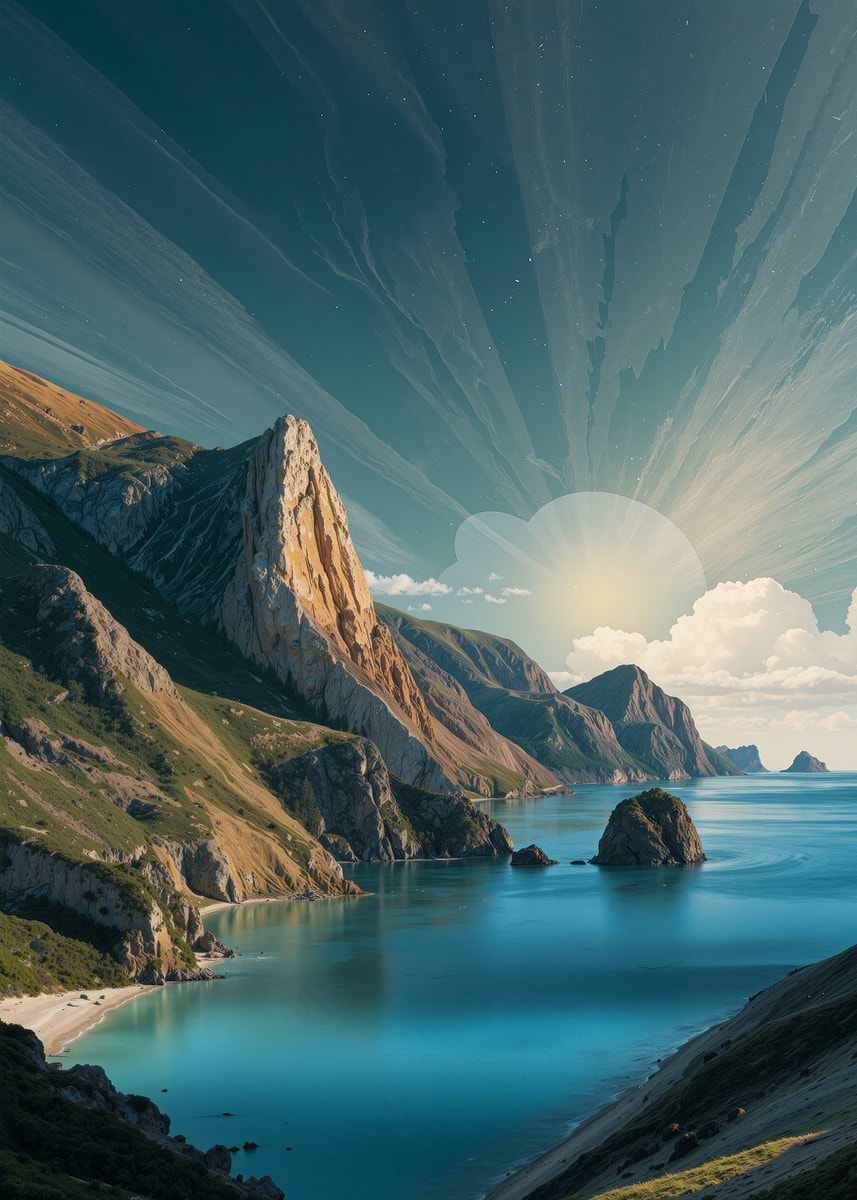 Coastal Mountain Landscape With Sunlight Poster Picture Metal Print coastal-mountain-landscape-with-sunlight-poster-picture-metal-print