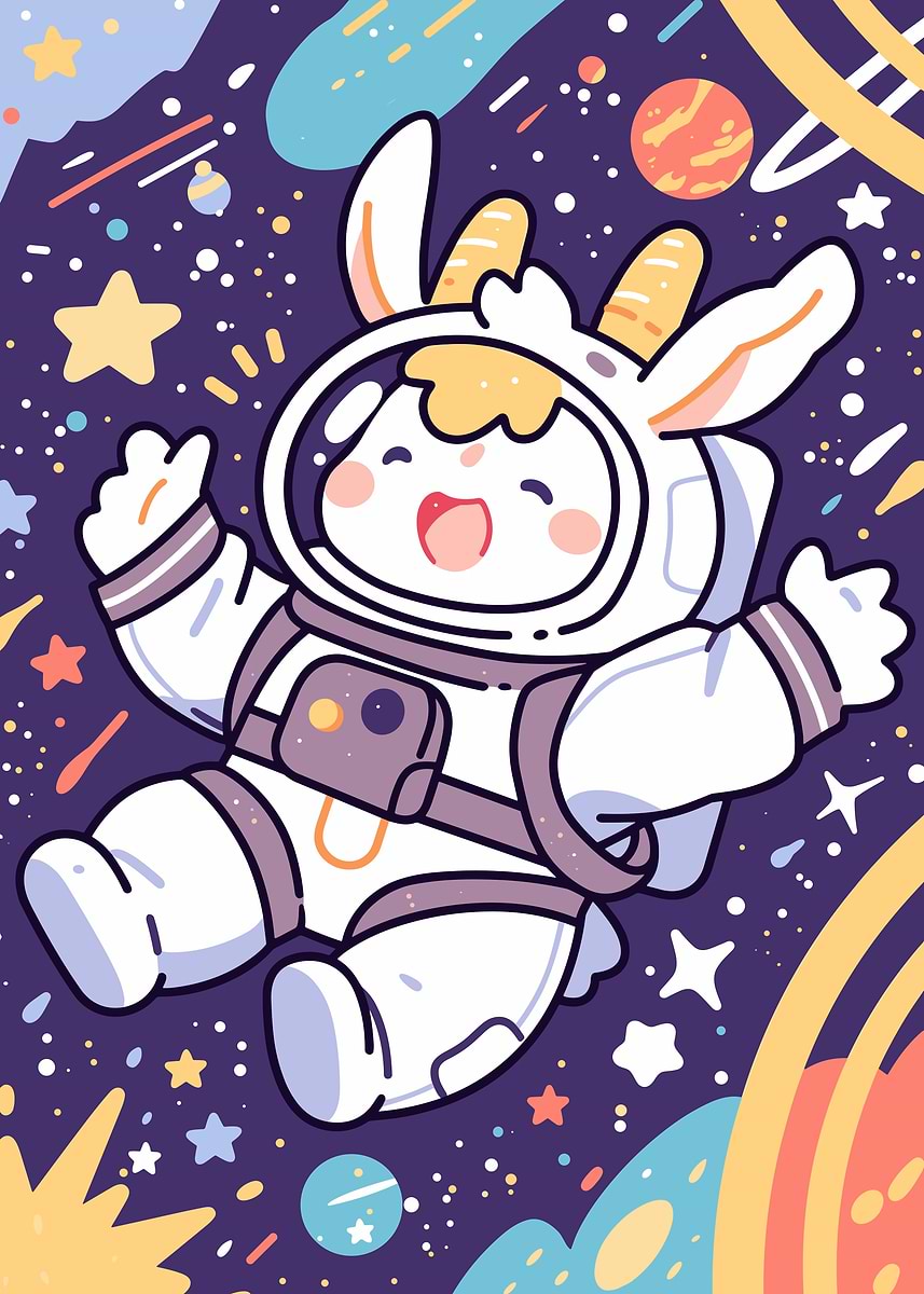 'Cartoon Rabbit Astronaut in Space' Poster, picture, metal print, paint ...