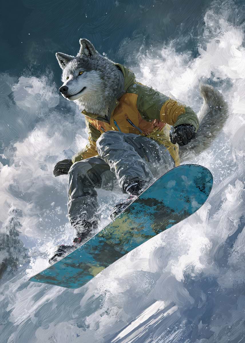 Wolf Snowboarding Adventure' Poster, picture, metal print, paint