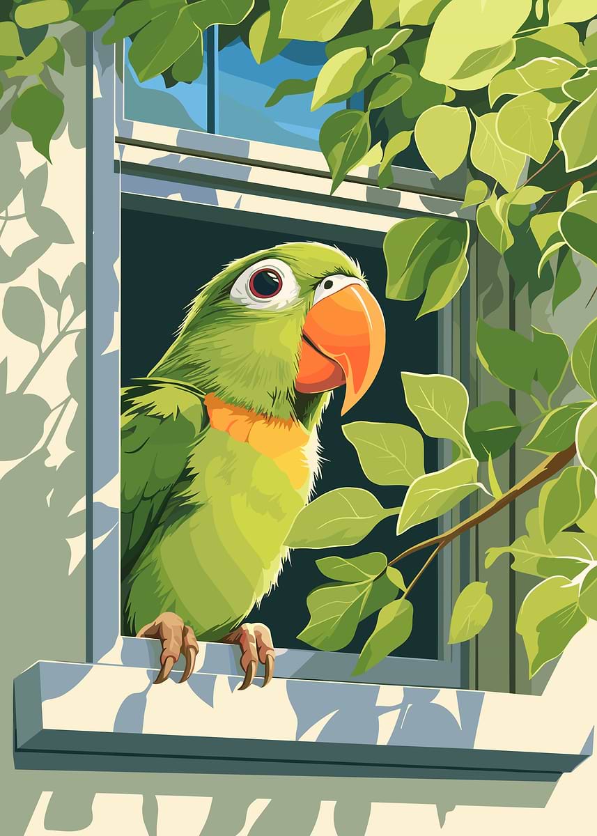 'Green Parrot on Window Sill Illustration' Poster, picture, metal print ...