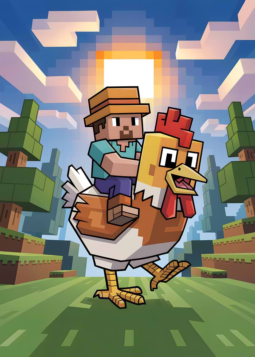 Machine Steve Riding 'Minecraft Steve riding a chicken' Poster, picture, metal print, paint ...