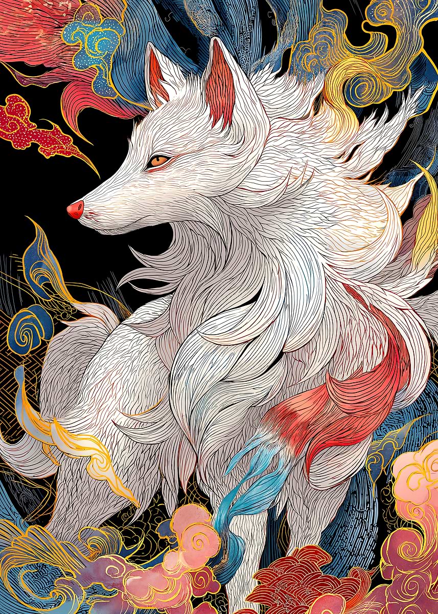 White Japanese Kitsune Fox ' Poster, picture, metal print, paint