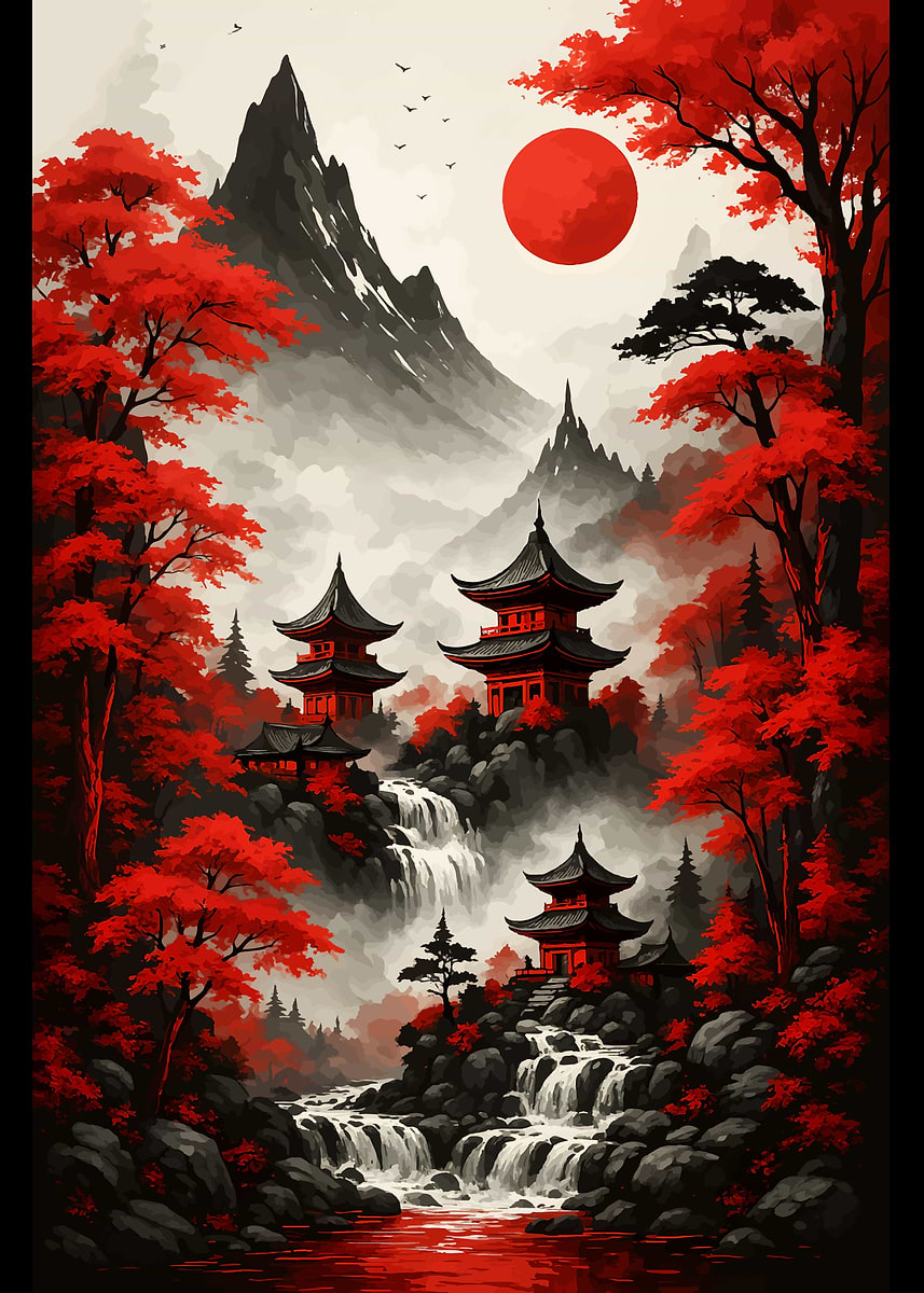 Japanese Landscape and Waterfalls' Poster, picture, metal print