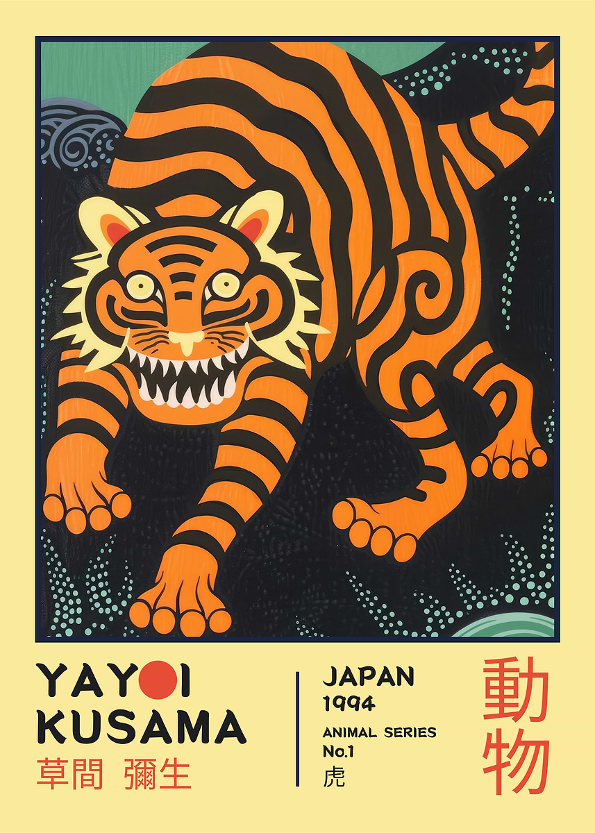 Yayoi Kusama Tiger Retro Exhibition Poster' Poster, picture, metal