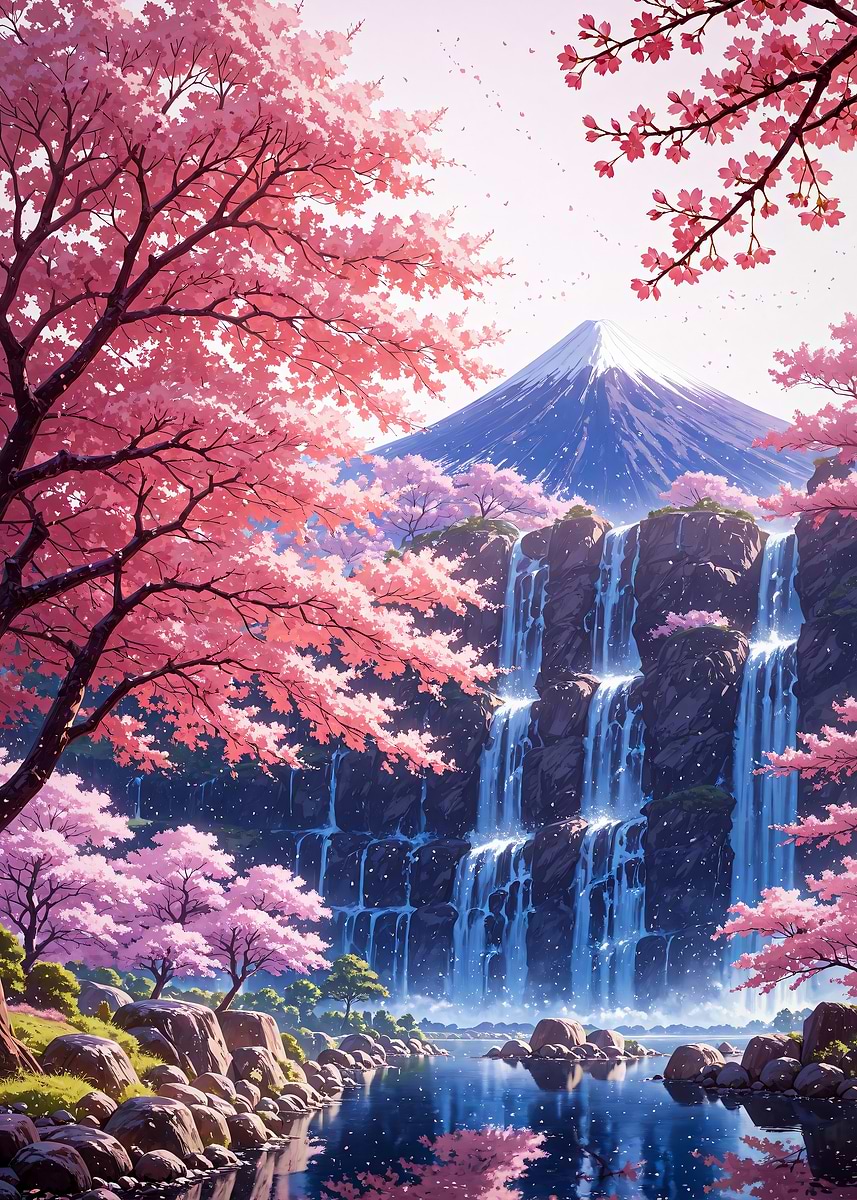 Sakura Cherry Blossom Mount Fuji Japan Waterfall Spring' Poster