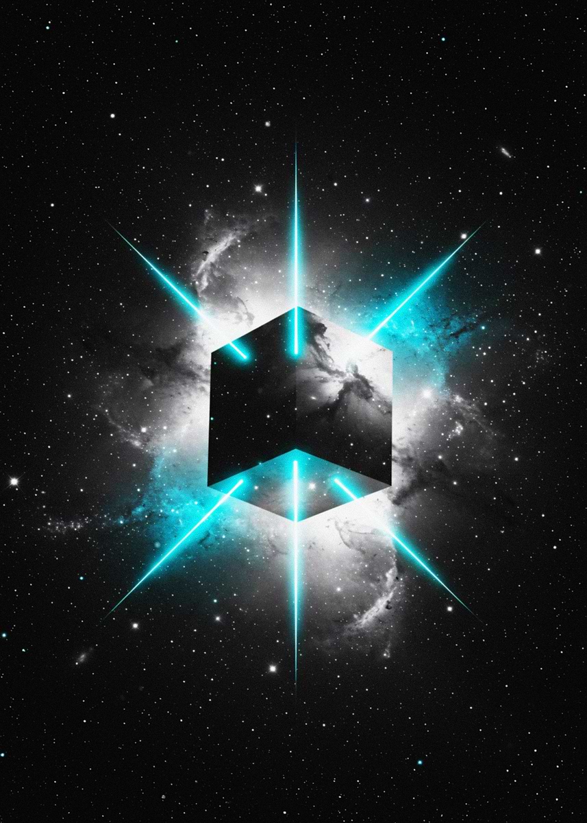 'Cosmic Cube with Cyan Energy Rays' Poster, picture, metal print, paint ...