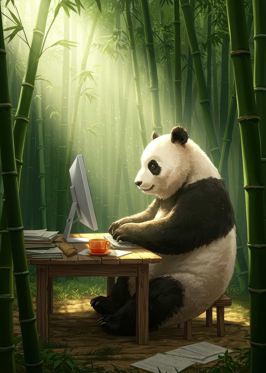Panda Working in Bamboo Forest Poster, Picture & Metal Print
