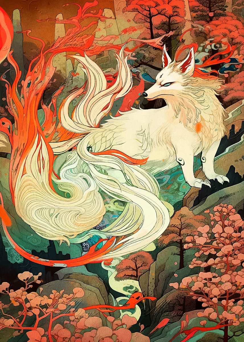 Nine-tailed Fox in Japanese Landscape' Poster, picture, metal