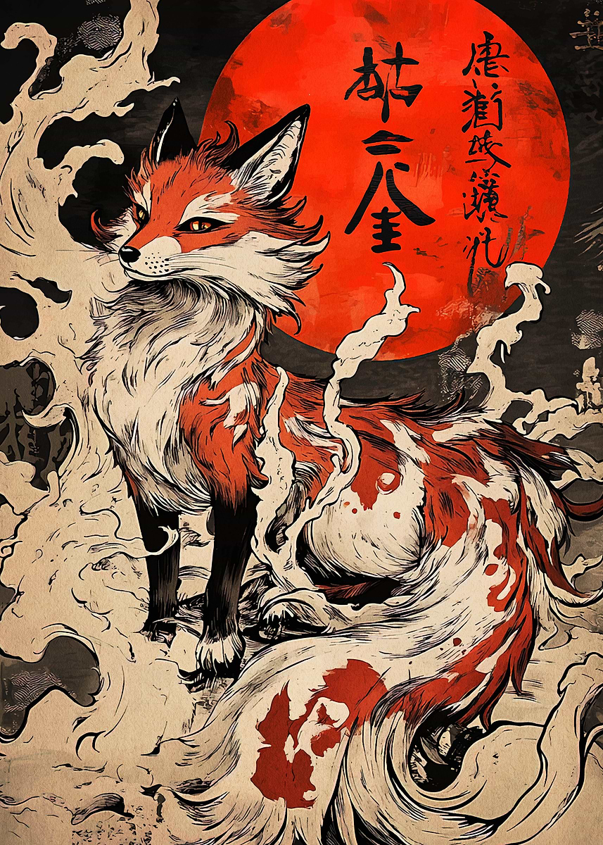 Fox with Red Moon and Japanese Text' Poster, picture, metal print