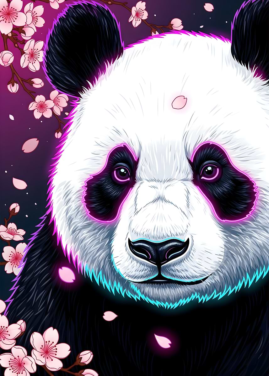 Japanese Aesthetics – Neon Panda Face with Cherry Blossoms' Poster