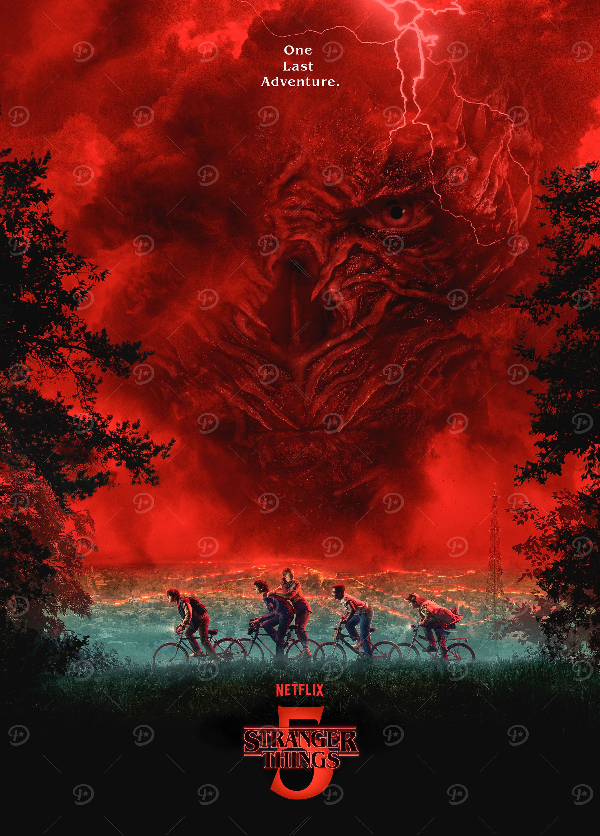 A promotional poster for Stranger Things 5 features five young characters on bicycles, silhouetted against a vibrant red sky. A massive, grotesque, humanoid entity, reminiscent of Vecna, looms in the ominous red clouds above a distant, illuminated cityscape. Dark, dense trees frame the scene, with the 'One Last Adventure' tagline and 'Stranger Things 5' logo prominently displayed.