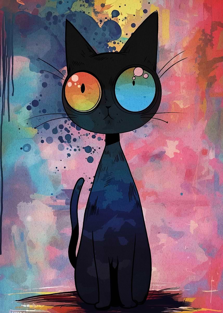 Whimsical Black Cat with Colorful Eyes' Poster, picture, metal