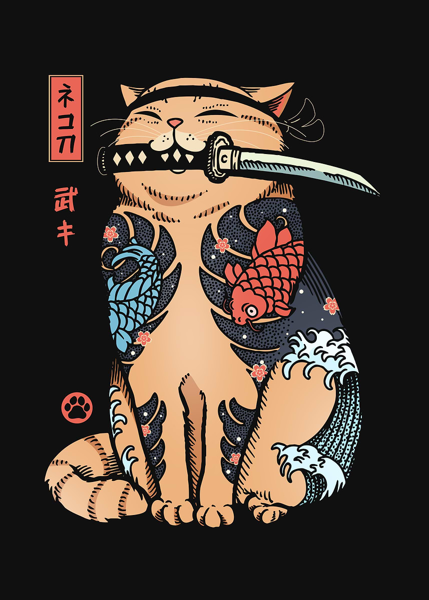 Samurai Cat with Tattoos and Sword' Poster, picture, metal print