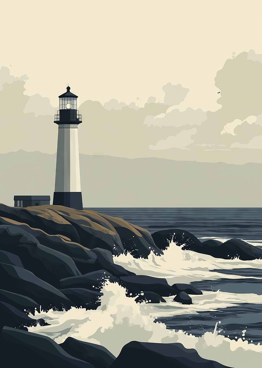 'A minimalist lighthouse standing on a rocky shore' Poster, picture ...