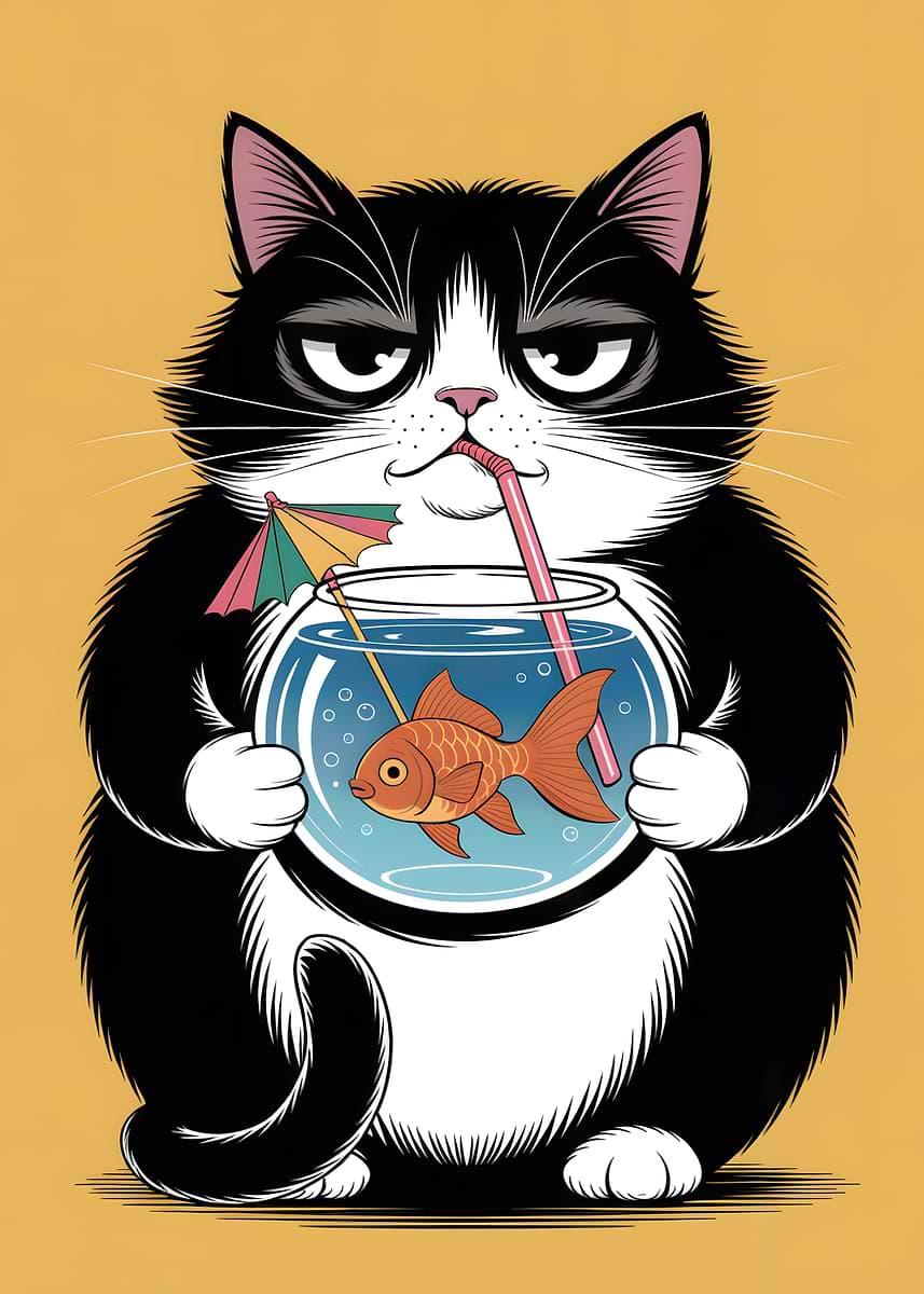 'Grumpy Cat with Goldfish Cocktail' Poster, picture, metal print, paint ...