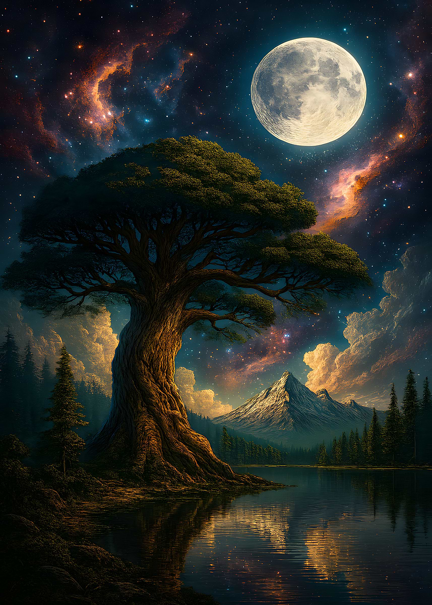 'Night Landscape with Tree and Moon' Poster, picture, metal print ...