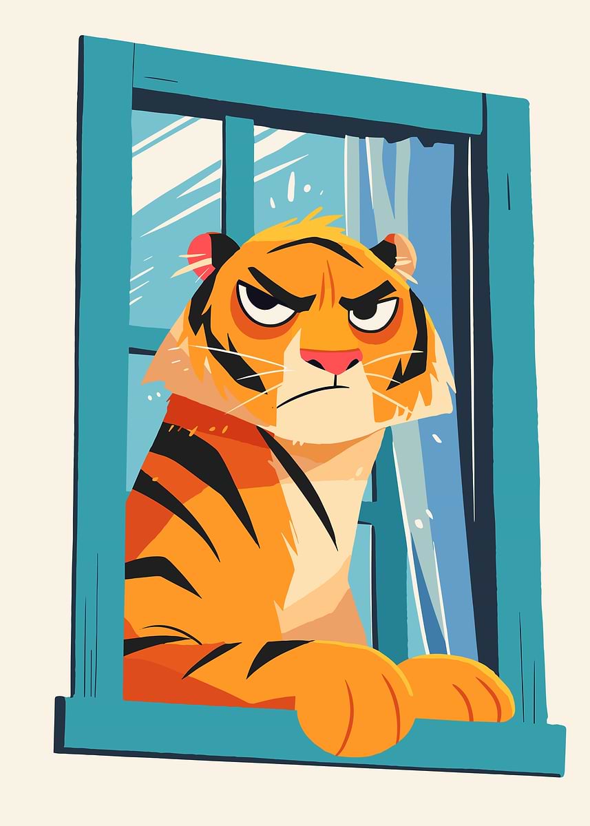 'Grumpy Tiger in Window Cartoon' Poster, picture, metal print, paint by ...