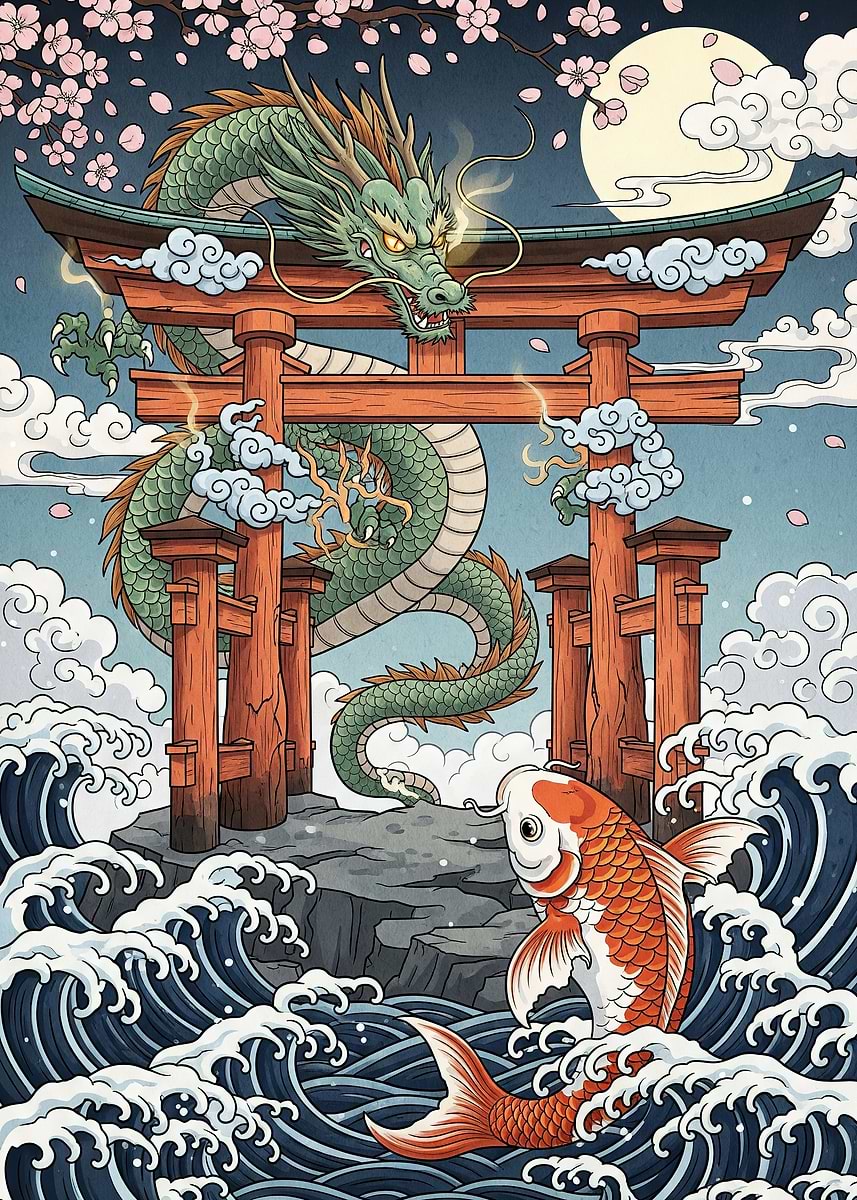 Dragon Torii Gate and Koi Fish' Poster, picture, metal print