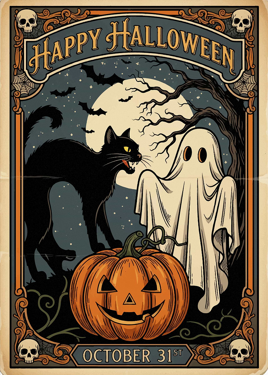 Vintage Halloween Poster with Cat and Ghost Halloween2025' Poster
